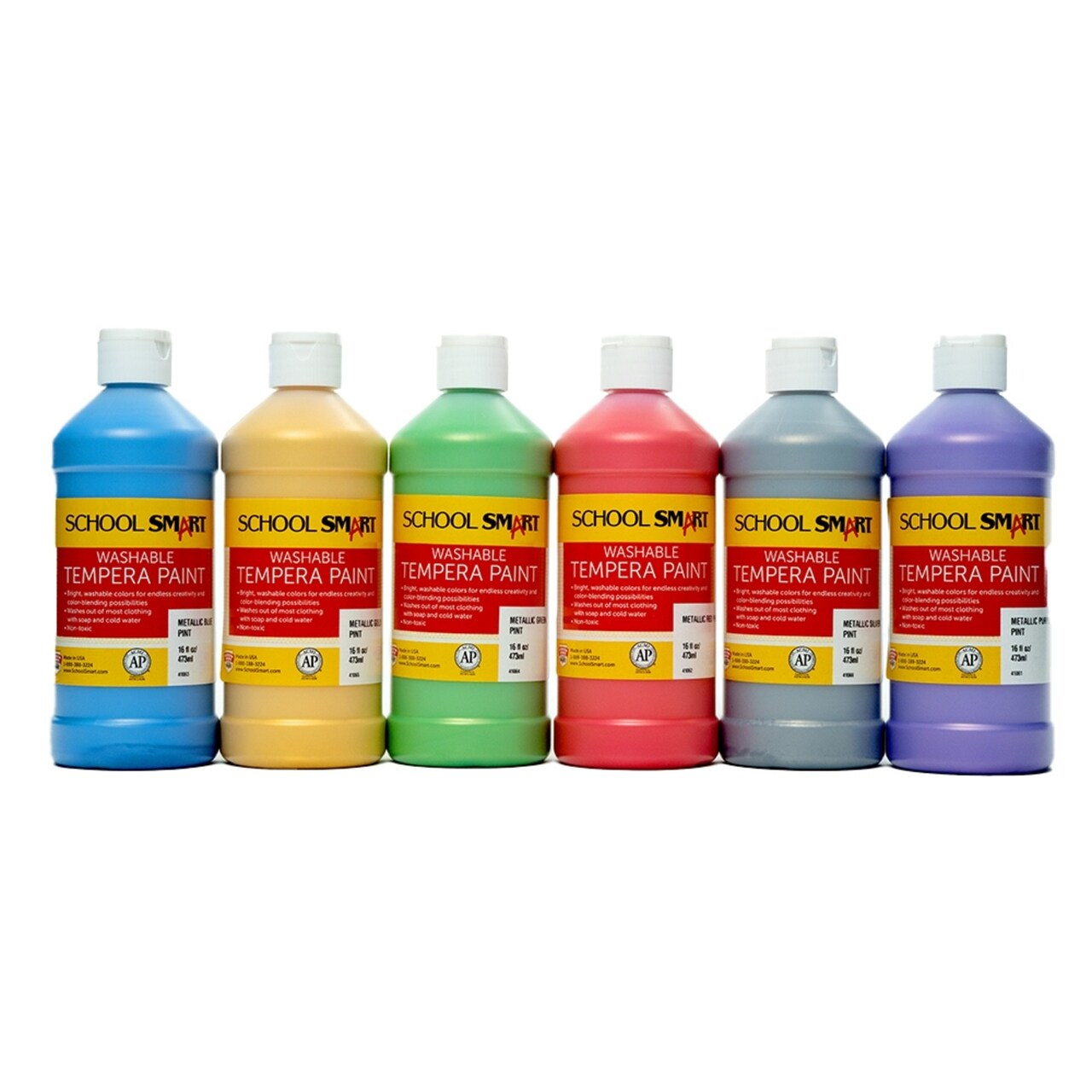 School Smart Washable Tempera Paints, Assorted Metallic Colors, Pint Set of 6